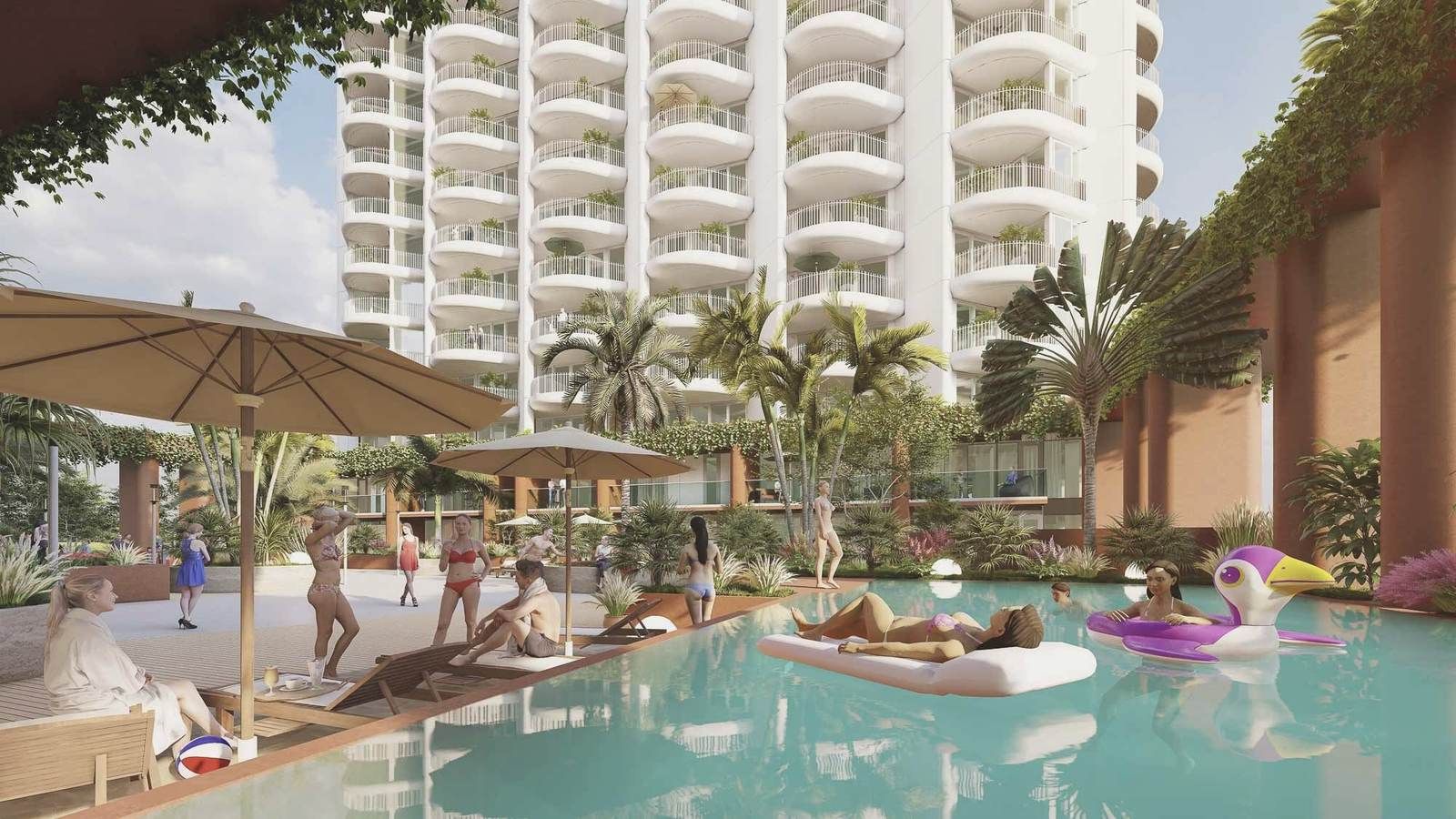 Randare Novum by the Sea Residences, clădiri albe cu balcoane curbe și palmieri